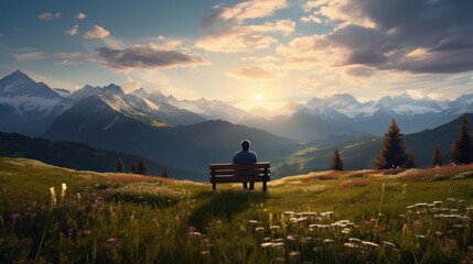 bench in alpine meadow; Old wooden bench with landscape beautiful mountain morning