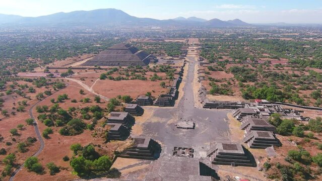 Teotihuacan, Mexico: Aerial view of Pyramid of the Sun (Pir&aacute;mide del Sol) in famous Mexican archaeological complex - landscape panorama of Latin America from above