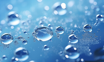  A close up of clear water drops on blue surface.