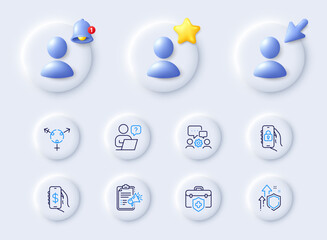 Engineering team, Genders and Improving safety line icons. Placeholder with 3d cursor, bell, star. Pack of Megaphone checklist, Online question, Medical insurance icon. Vector