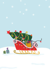 Merry Christmas greeting cards with christmas sleigh and gift boxes. Happy Holidays and New Year cards with christmas tree and winter season objects