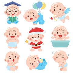 A delightful cartoon-style illustration featuring babies in different adorable outfits and playful situations.