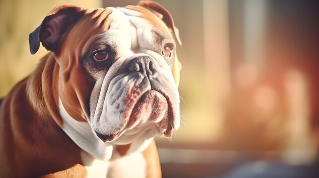 Close-up portrait of a Bulldog with space for text, background image, AI generated
