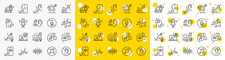 Voicemail, microphone record and silence. Voice line icons. Whisper talk, listen voice and ear hearing disability line icons. Speak recognition, phone dictation and audio sound wave. Vector - obrazy, fototapety, plakaty