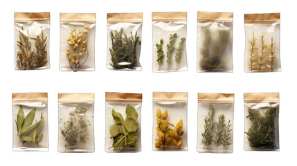 Set of Herbal Tea Bags Isolated on Transparent or White Background, PNG