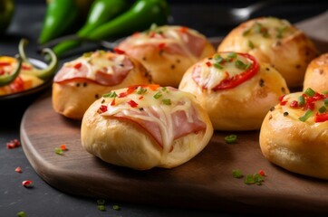 Mini pizza buns with salami and melted mozzarella. Serving Italian traditional small pizzas breads. Generate ai