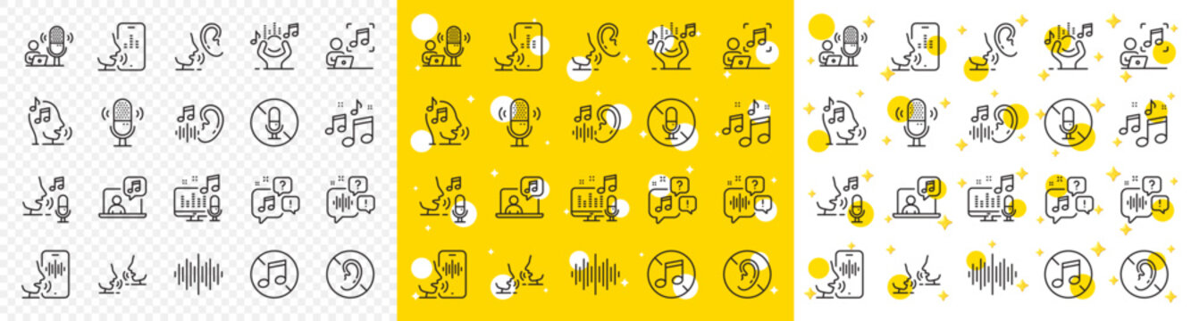 Voicemail, microphone record and silence. Voice line icons. Whisper talk, listen voice and ear hearing disability line icons. Speak recognition, phone dictation and audio sound wave. Vector