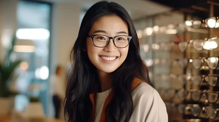 Fotobehang Satisfied Asian mature woman chooses and tries on glasses  © CStock