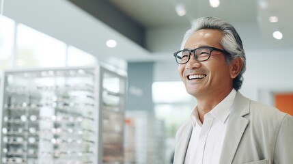 Satisfied Asian mature man chooses and tries on glasses in an ophthalmology store 
