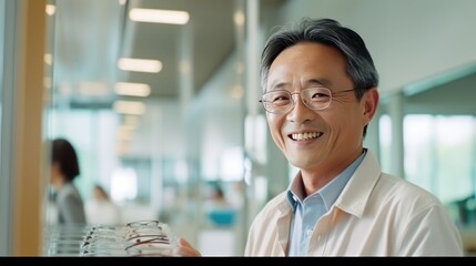 Satisfied Asian mature man chooses and tries on glasses in an ophthalmology store  - obrazy, fototapety, plakaty