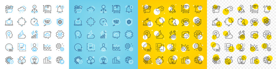 Fototapeta premium Vector icons set of Coronavirus, Recovered person and 360 degrees line icons pack for web with Box size, Laptop, Electricity consumption outline icon. Battery, Rainy weather. Vector