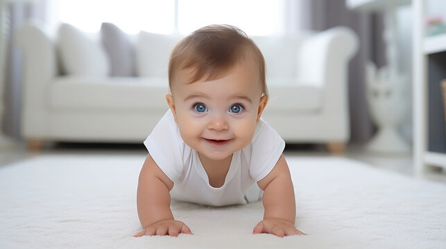 cute little baby with big clear eyes on all fours on a white background, child, kid, childhood, early development, European, portrait, face, emotion, smile, close-up, nursery, kindergarten
