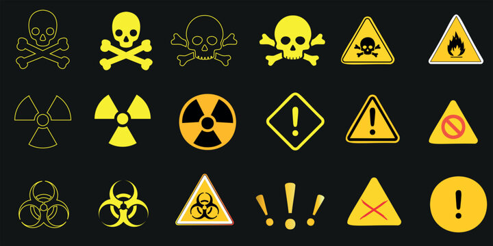 Danger, Warning, Hazard Signs Vector Set. Yellow, Black, Skull, Crossbones, Biohazard, Radiation Symbols. Safety, Risk, Death, Toxic, Poison Alert Icons. Forbidden, No Entry, Stop, Prohibited, Beware.