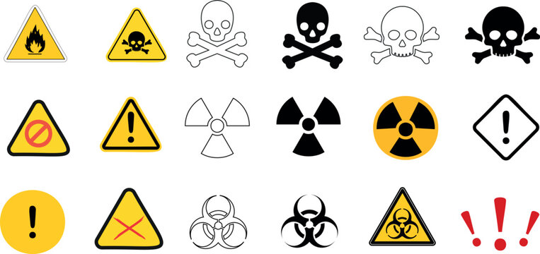 危険、警告、ハザード、バイオハザードのベクターアイコンセット。黒、黄、赤の色で18種類の注意シンボルのコレクション。安全標識、ラベル、ステッカーに最適。頭蓋骨、交差骨、放射線、核、三角形、感嘆符、バイオ、化学、ウイルス、細菌、放射性、毒性、毒物のシンボルが含まれています