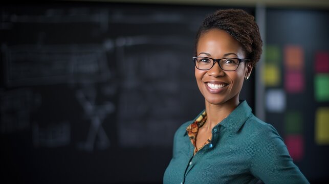 smiling teacher at the blackboard, 