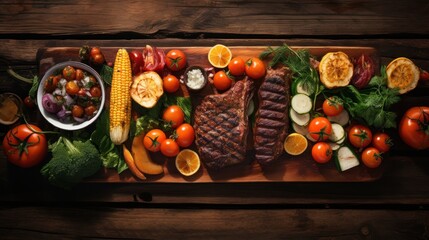 Top view Grilled meats and vegetables on rustic picnic table 