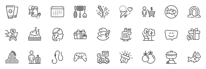 Fototapeta na wymiar Icons pack as Sale gift, Holiday presents and Mattress line icons for app include Fish, Flight destination, Hook outline thin icon web set. Fireworks rocket, Pillow, Grill pictogram. Vector