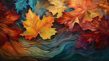 Develop an abstract representation of autumn leaves, using warm tones, swirling shapes and intricate patterns, background image, AI generated