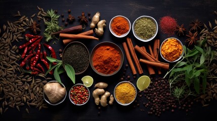 Fototapeta na wymiar Top view Herbs and spices on dark background 