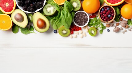 Top view of Healthy food selection with fruits, vegetables, seeds, on white wooden background. 