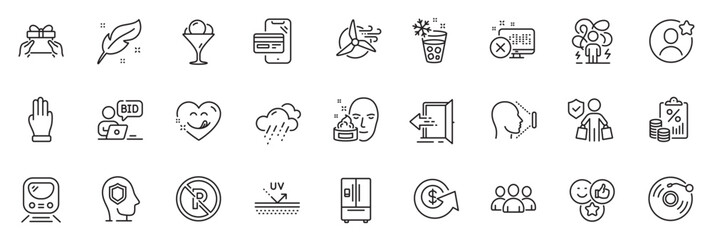 Fototapeta na wymiar Icons pack as Give present, Metro and Face id line icons for app include Face cream, Difficult stress, Reject access outline thin icon web set. Yummy smile, Refrigerator, Best friend pictogram. Vector