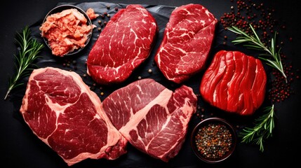 Top view Variety of raw cuts of meat, dry aged beef steaks and hamburger patties, copy space