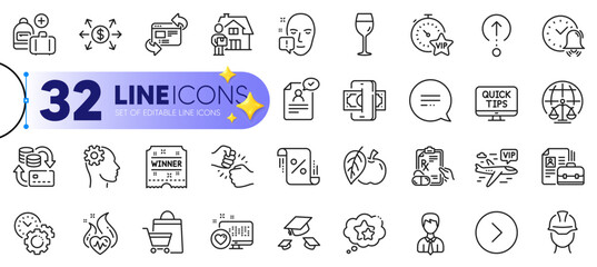Outline set of Forward, Add handbag and Wine glass line icons for web with Resume document, Delivery man, Money change thin icon. Face attention, Engineering, Magistrates court pictogram icon. Vector