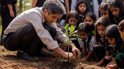 Young Student Planting Tree for Environmental Education Day. - obrazy, fototapety, plakaty