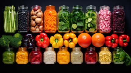Top view Various colorful fresh raw ingredients and already blended mix in a bottles Rough black background 