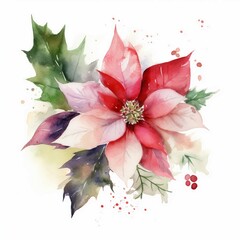 Watercolor Christmas flower, single, white background. AI generate illustration