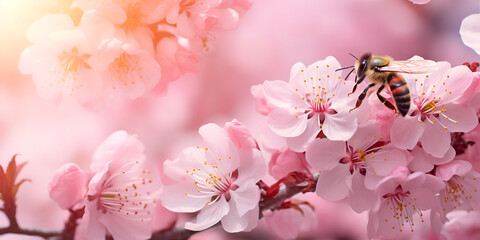A bee on a flower with pink flowers,Spring Serenade: Bee Alighting on a Pink Flower in a Symphony of Blooms