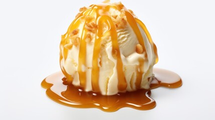 Vanilla ice cream ball with caramel syrup on white background, 