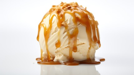 Vanilla ice cream ball with caramel syrup on white background, 