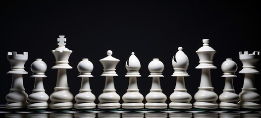 white and black chess pieces on dark, ominous vibe, orderly arrangements, orderly symmetry