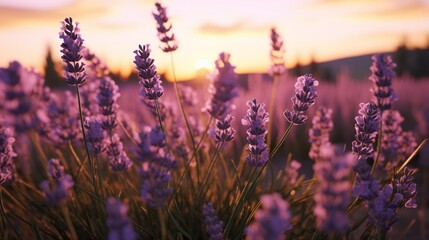 A field of lavender bathed in the soft light of the setting sun.