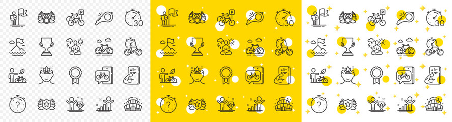 Outline Eco bike, Timer and Winner line icons pack for web with Mountain flag, Laureate medal, Leadership line icon. Arena stadium, Bike, Bicycle parking pictogram icon. Yoga mind. Vector