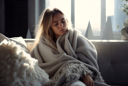 Woman with blanket in winter recovering from cold, being warm at home