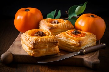 Persimmon pastry pies on wooden board serving. Puff dough with sweet kaki fruit slice. Generate ai