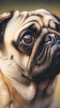 Close-up portrait of a Pug with space for text, background image, AI generated