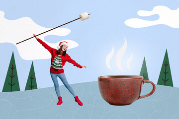 Artwork collage picture of funky girl hand hold marshmallow stick huge hot chocolate cacao mug walk snowy forest outdoors - Powered by Adobe