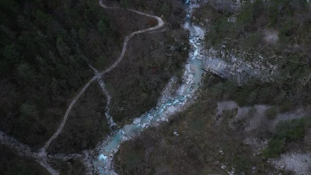 Arzino torrent in the province of Udine.
Silky, emerald water, aerial view. Udin