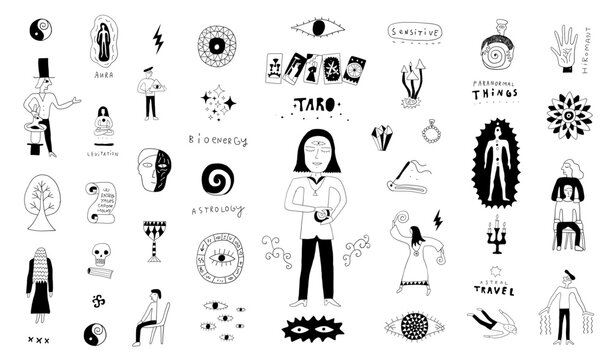 Mystic fortune-telling , extrasensory perception ,secret knowledge magic guru meditation esoterics signs doodles ,
 hand drawm vector sketch elements
