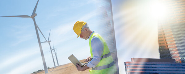 Engineer using laptop for wind turbine inspection; multiple exposure