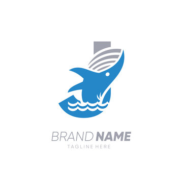 Initial Letter J Whale Jumping in the Water Logo Design Vector Icon Graphic Emblem Illustration