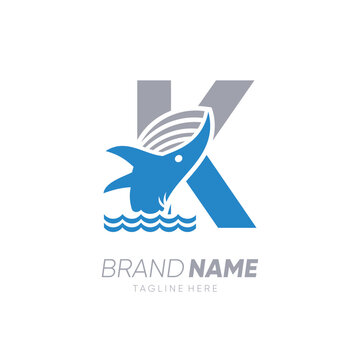 Initial Letter K Whale Jumping in the Water Logo Design Vector Icon Graphic Emblem Illustration