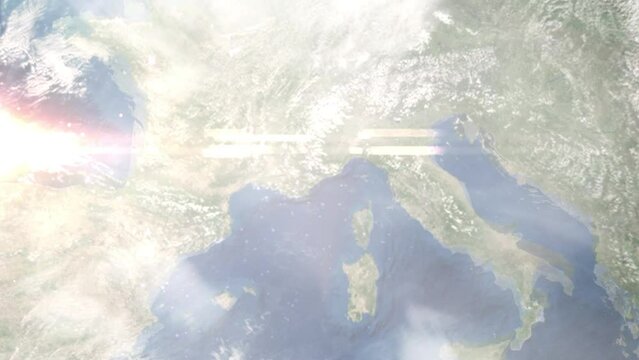 Zoom in from space and focus on Saint-Laurent-du-Var, France. 3D Animation. Background for travel intro. Elements of this image furnished by NASA