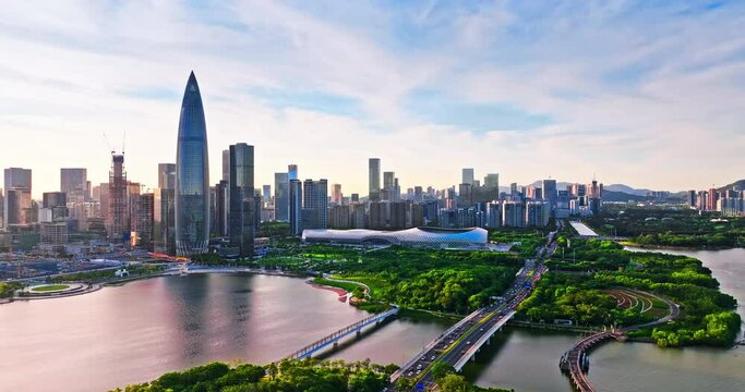 Aerial view of Shenzhen skyline and skyscrapers scenery at sunset, Guangdong Province, China. Famous city landmarks in Shenzhen.
