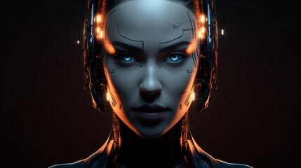 futuristic female android: ai concept with neural system on dark background