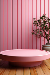 Mockup pink pastel modern minimal wooden podium, studio lighting, minimalist stage design