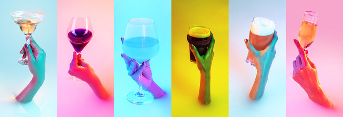 Collage. Different types of alcohol beverages on multicolored background. Hands holding champagne, martini, wine, beer. Neon light. Concept of party, alcohol drink, celebration, fun, enjoyment